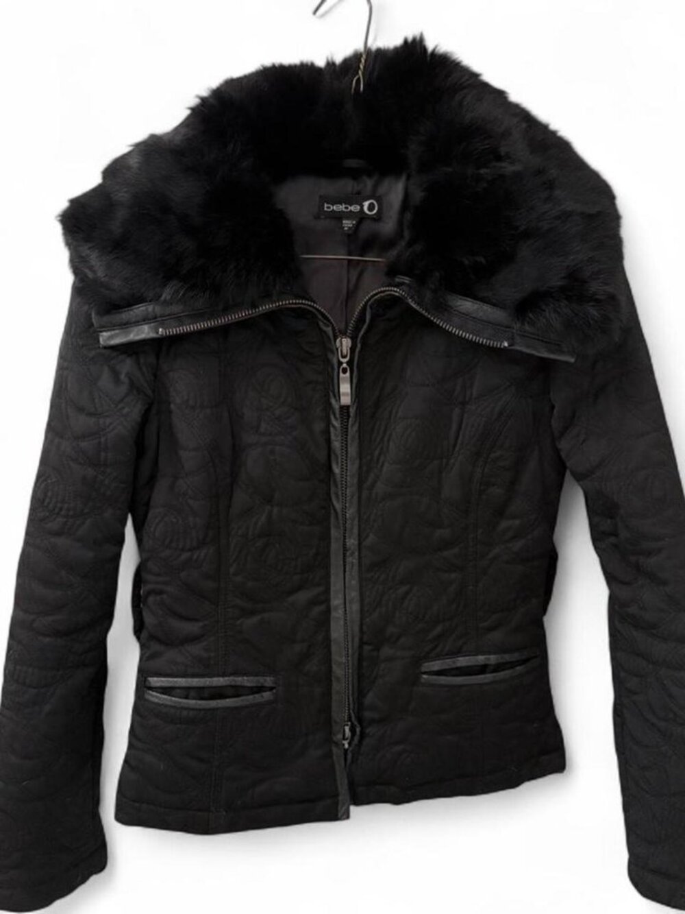 Bebe Vintage Quilted Jacket with Genuine Rabbit Fur Collar **Missing belt**